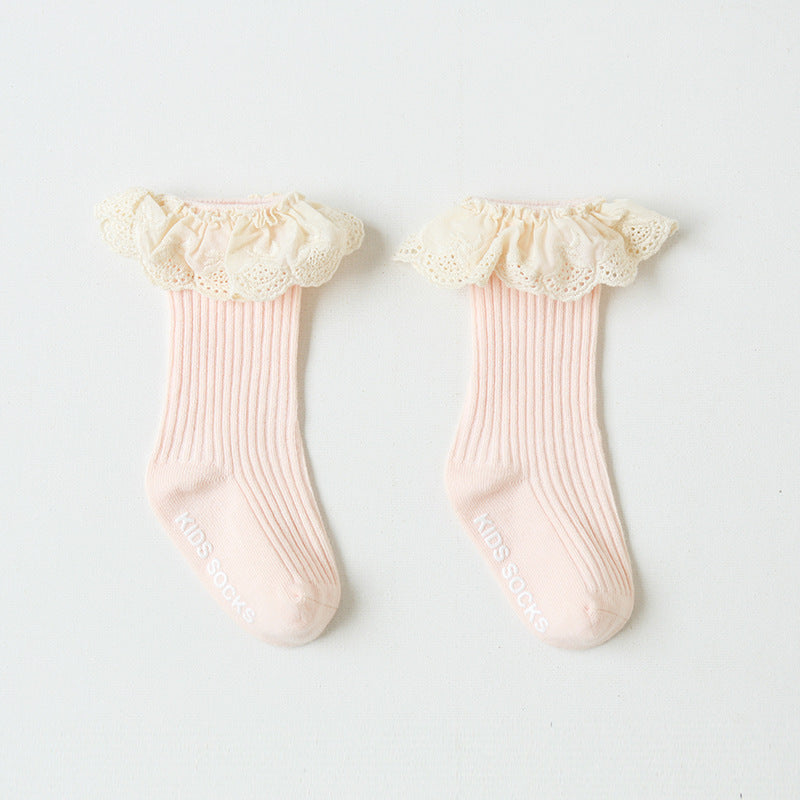 Solid Color Lace Non-Slip Socks for Baby Girls
