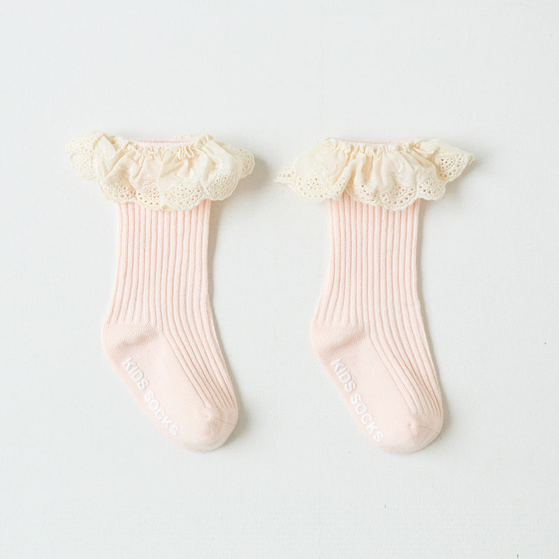 Solid Color Lace Non-Slip Socks for Baby Girls